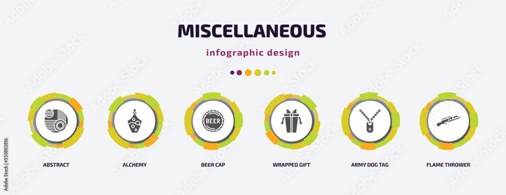 Poster miscellaneous infographic element with filled icons and 6 step or option. miscellaneous icons such a