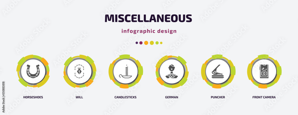 Poster miscellaneous infographic element with filled icons and 6 step or option. miscellaneous icons such a