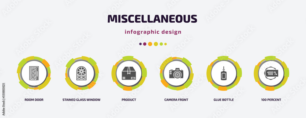 Poster miscellaneous infographic element with filled icons and 6 step or option. miscellaneous icons such a