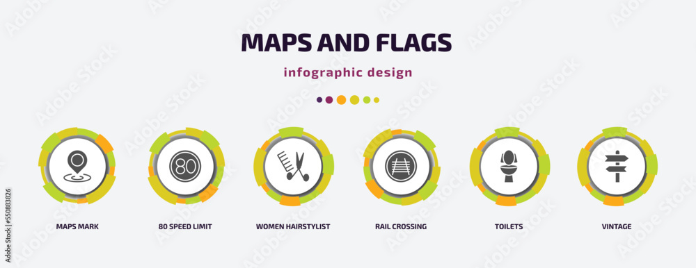 Poster maps and flags infographic element with filled icons and 6 step or option. maps and flags icons such