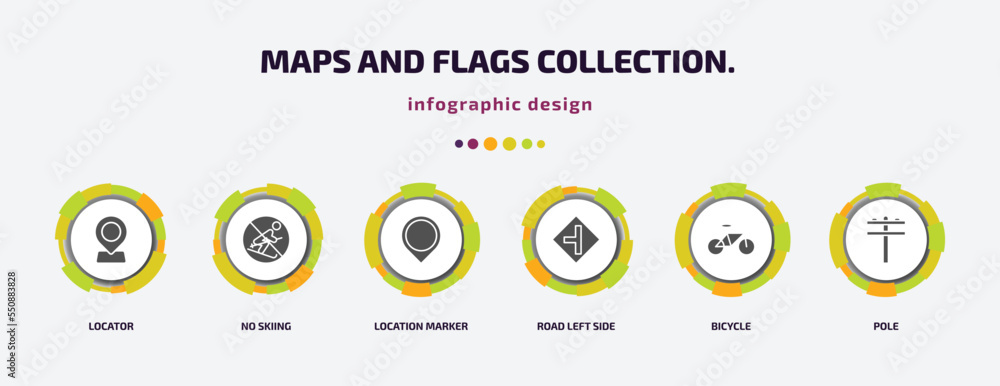 Poster maps and flags collection. infographic element with filled icons and 6 step or option. maps and flag