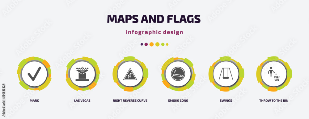 Poster maps and flags infographic element with filled icons and 6 step or option. maps and flags icons such