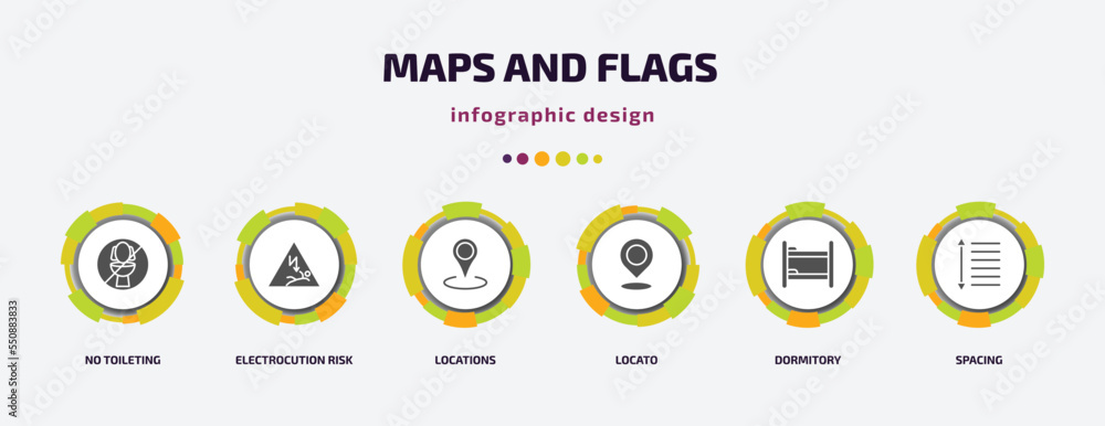 Poster maps and flags infographic element with filled icons and 6 step or option. maps and flags icons such