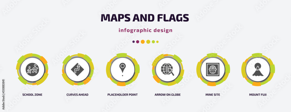 Poster maps and flags infographic element with filled icons and 6 step or option. maps and flags icons such