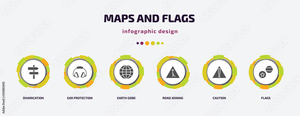 Poster maps and flags infographic element with filled icons and 6 step or option. maps and flags icons such