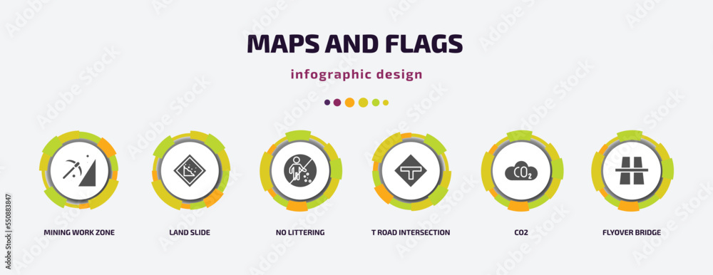 Poster maps and flags infographic element with filled icons and 6 step or option. maps and flags icons such