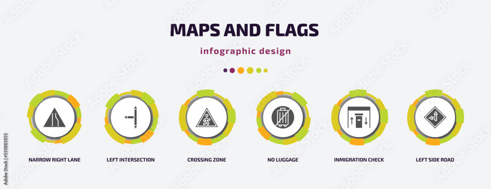 Poster maps and flags infographic element with filled icons and 6 step or option. maps and flags icons such