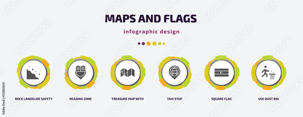 Poster maps and flags infographic element with filled icons and 6 step or option. maps and flags icons such