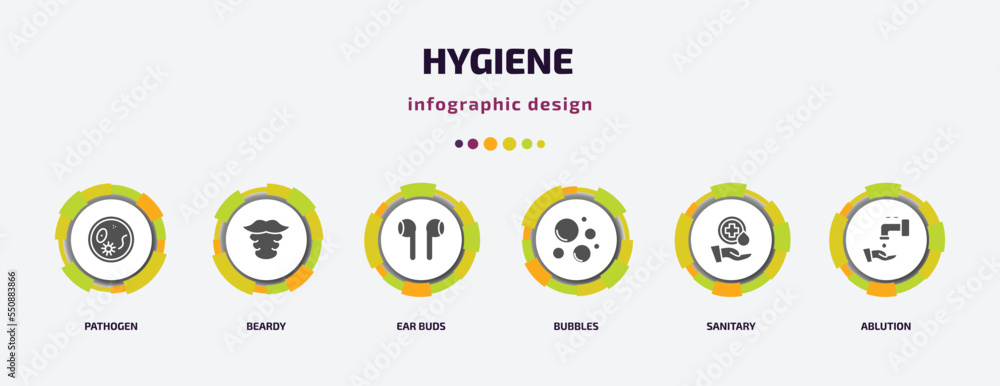 Poster hygiene infographic element with filled icons and 6 step or option. hygiene icons such as pathogen, 