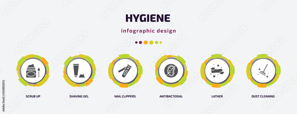 Poster hygiene infographic element with filled icons and 6 step or option. hygiene icons such as scrub up, 
