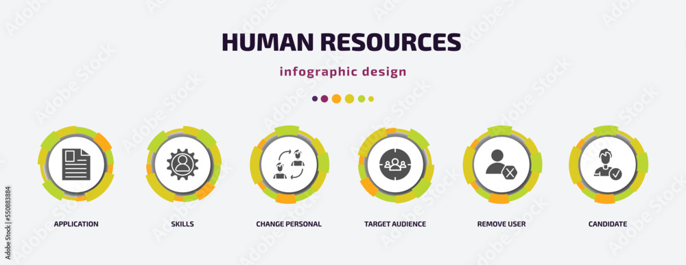 Poster human resources infographic element with filled icons and 6 step or option. human resources icons su