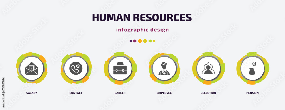 Poster human resources infographic element with filled icons and 6 step or option. human resources icons su