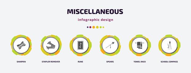 miscellaneous infographic element with filled icons and 6 step or option. miscellaneous icons such as sharpen, stapler remover, rune, spears, towel rack, school compass vector. can be used for