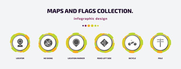 maps and flags collection. infographic element with filled icons and 6 step or option. maps and flags collection. icons such as locator, no skiing, location marker, road left side, bicycle, pole