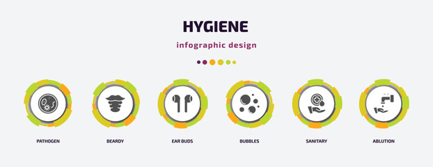 hygiene infographic element with filled icons and 6 step or option. hygiene icons such as pathogen, beardy, ear buds, bubbles, sanitary, ablution vector. can be used for banner, info graph, web.