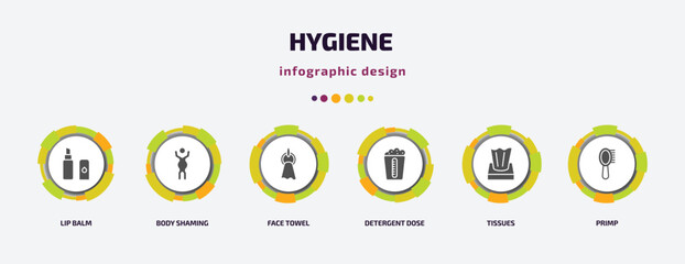 hygiene infographic element with filled icons and 6 step or option. hygiene icons such as lip balm, body shaming, face towel, detergent dose, tissues, primp vector. can be used for banner, info
