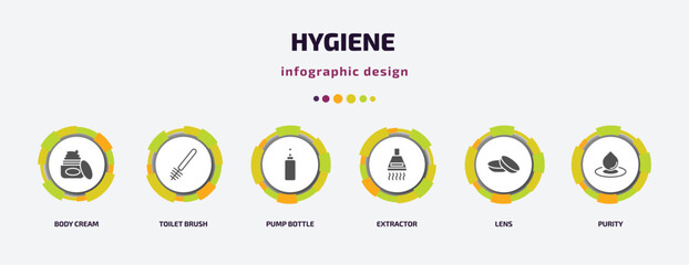 hygiene infographic element with filled icons and 6 step or option. hygiene icons such as body cream, toilet brush, pump bottle, extractor, lens, purity vector. can be used for banner, info graph,