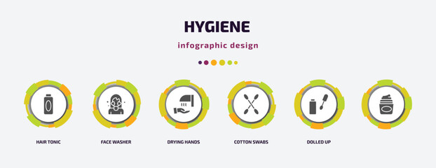 hygiene infographic element with filled icons and 6 step or option. hygiene icons such as hair tonic, face washer, drying hands, cotton swabs, dolled up, vector. can be used for banner, info