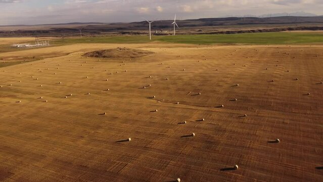 Aerial Windmills Producing Net Zero Emissions Overlooking A Prairie Field With Round Hay Bales Near Pincher Creeks Alberta Canada.