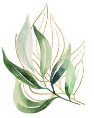 Obraz premium Green and Golden botanical watercolor leaves illustration, wedding design single element