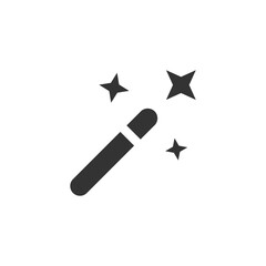 Magic wand icon. Wizard stick symbol. Magician star logo, black design in vector flat style. - obrazy, fototapety, plakaty