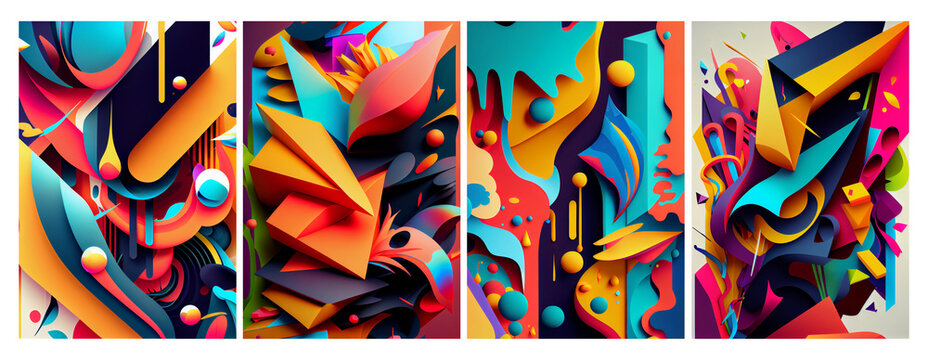 Set of modern multicolored geometric shapes, colorful abstract background, minimalist 3d digital AI illustration
