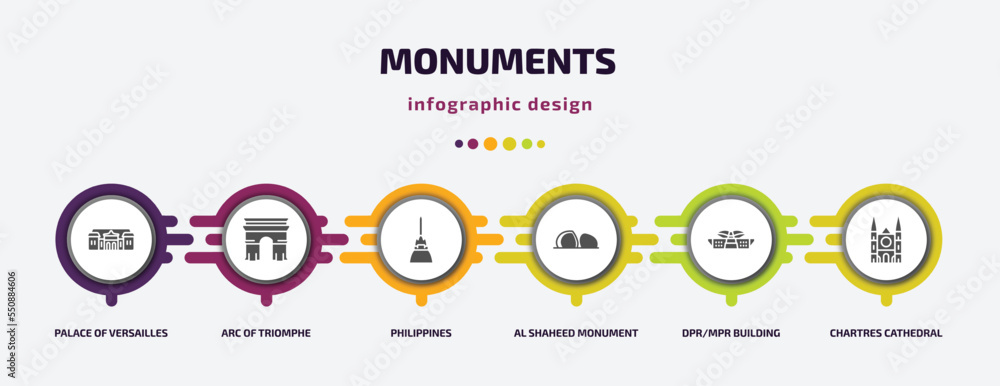 Poster monuments infographic element with filled icons and 6 step or option. monuments icons such as palace