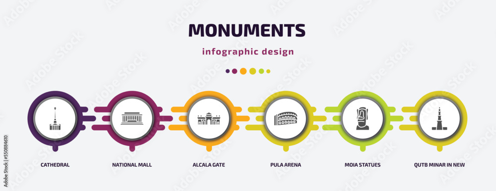 Poster monuments infographic element with filled icons and 6 step or option. monuments icons such as cathed