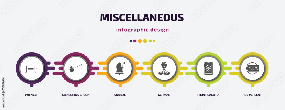 Poster miscellaneous infographic element with filled icons and 6 step or option. miscellaneous icons such a