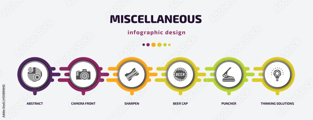 Poster miscellaneous infographic element with filled icons and 6 step or option. miscellaneous icons such a