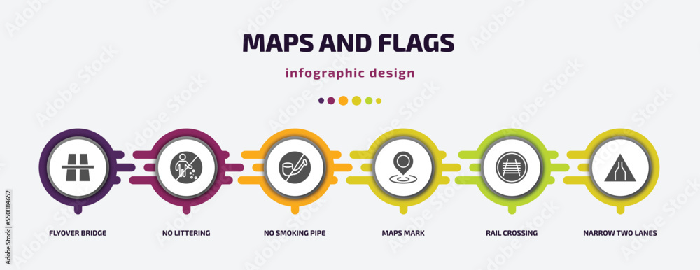 Poster maps and flags infographic element with filled icons and 6 step or option. maps and flags icons such