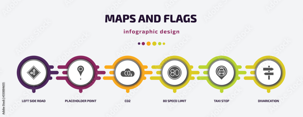 Poster maps and flags infographic element with filled icons and 6 step or option. maps and flags icons such
