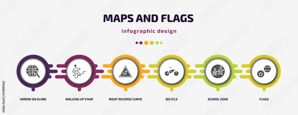 Poster maps and flags infographic element with filled icons and 6 step or option. maps and flags icons such