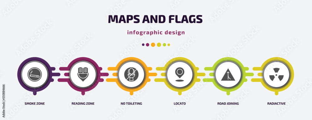 Poster maps and flags infographic element with filled icons and 6 step or option. maps and flags icons such