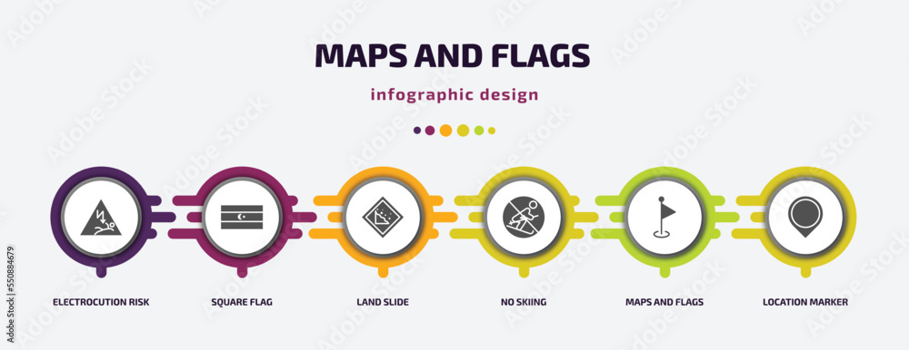 Poster maps and flags infographic element with filled icons and 6 step or option. maps and flags icons such