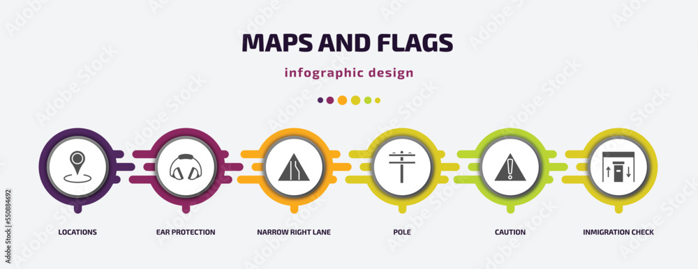 Poster maps and flags infographic element with filled icons and 6 step or option. maps and flags icons such