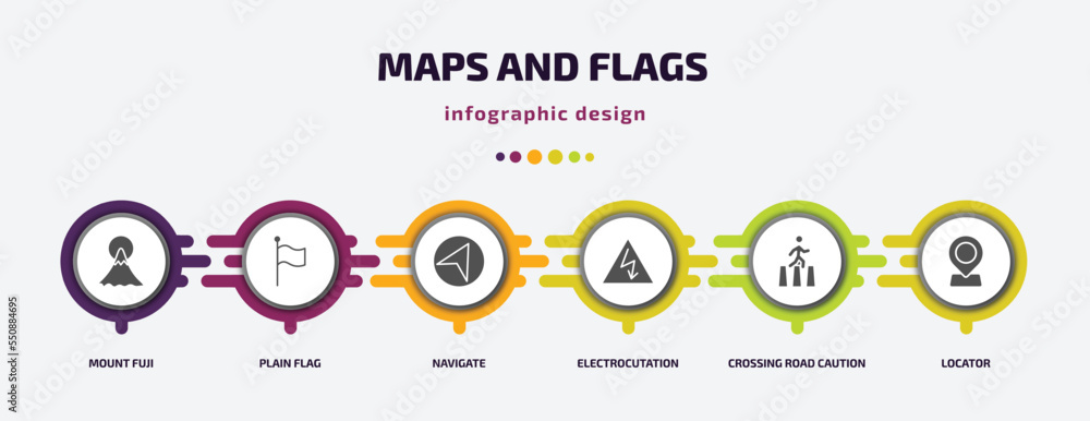 Poster maps and flags infographic element with filled icons and 6 step or option. maps and flags icons such