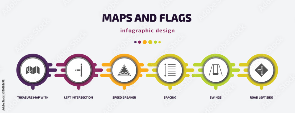 Poster maps and flags infographic element with filled icons and 6 step or option. maps and flags icons such