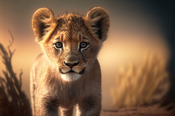 Adorable baby African lion cub on an savannah. Digital art - obrazy, fototapety, plakaty