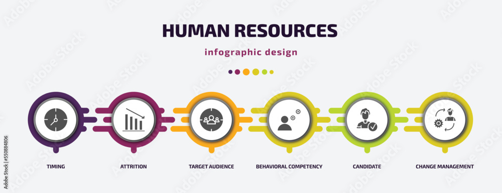 Poster human resources infographic element with filled icons and 6 step or option. human resources icons su