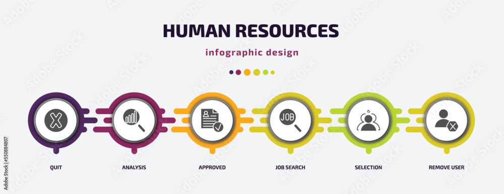 Poster human resources infographic element with filled icons and 6 step or option. human resources icons su