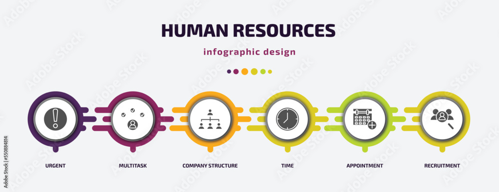 Poster human resources infographic element with filled icons and 6 step or option. human resources icons su