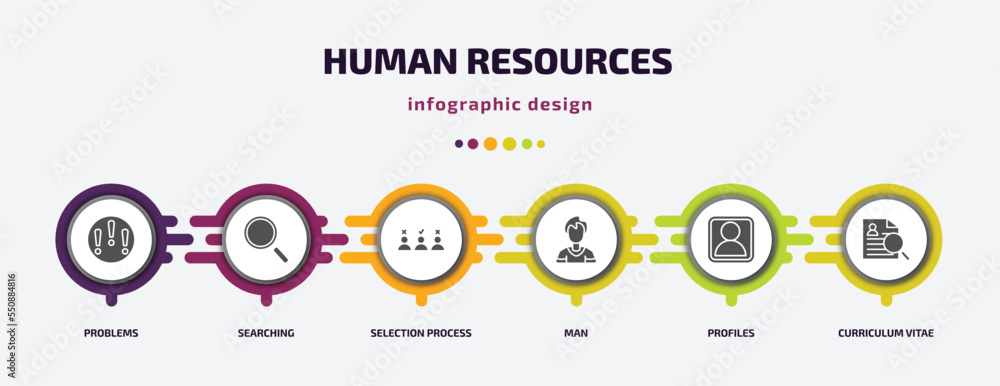 Poster human resources infographic element with filled icons and 6 step or option. human resources icons su
