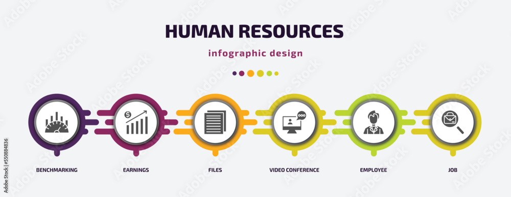 Poster human resources infographic element with filled icons and 6 step or option. human resources icons su
