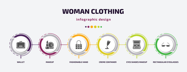woman clothing infographic element with filled icons and 6 step or option. woman clothing icons such as wallet, makeup, fashionable hand bag, creme container black, eyes shades makeup, rectangular