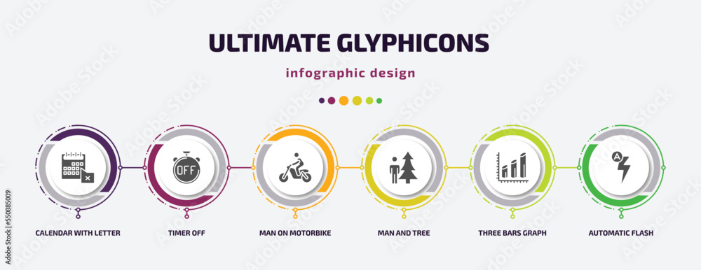 Poster ultimate glyphicons infographic element with filled icons and 6 step or option. ultimate glyphicons 