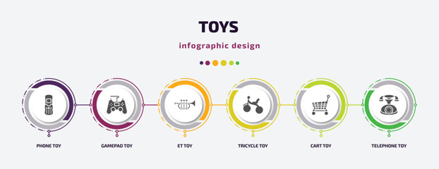 toys infographic element with filled icons and 6 step or option. toys icons such as phone toy, gamepad toy, et toy, tricycle cart telephone vector. can be used for banner, info graph, web.