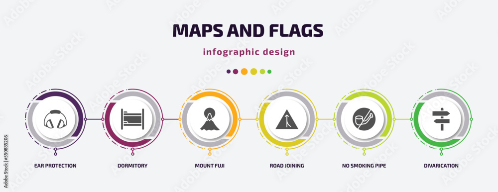 Poster maps and flags infographic element with filled icons and 6 step or option. maps and flags icons such