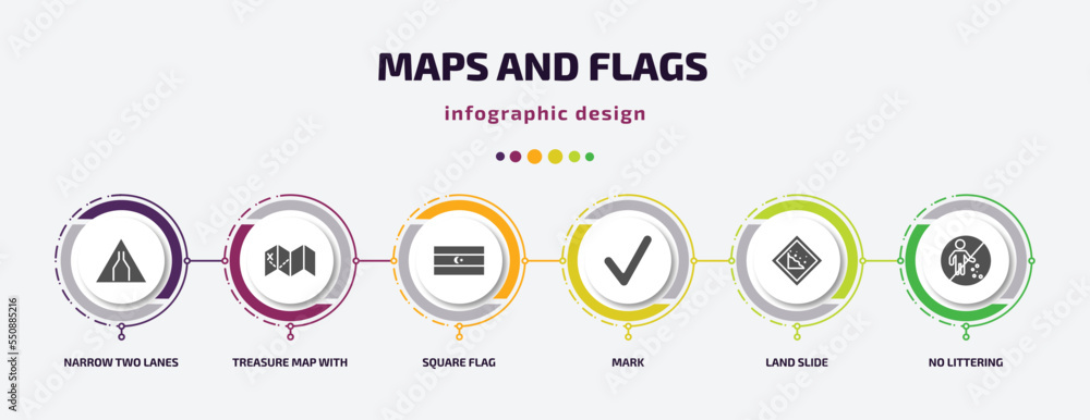Poster maps and flags infographic element with filled icons and 6 step or option. maps and flags icons such
