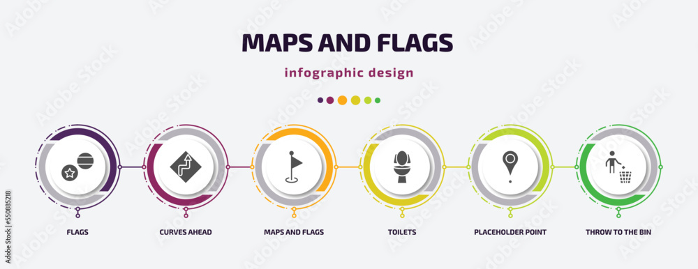 Poster maps and flags infographic element with filled icons and 6 step or option. maps and flags icons such